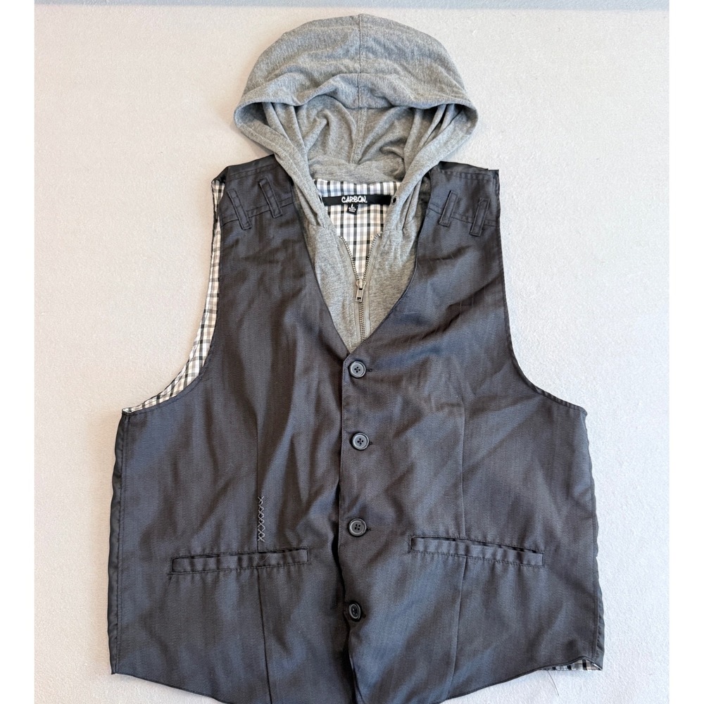 Carbon Mens Layered Hooded Vest Black Grey Gingham Lined Waistcoat Large